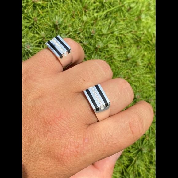 Men's Solid 925 Silver Black Onyx Ring W. Man Made Diamonds Iced Hip Hop Pinky - Picture 8 of 9